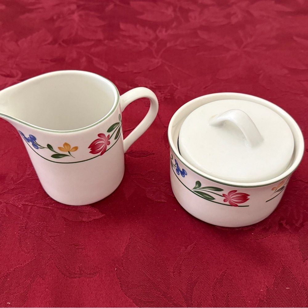 Vintage White Multicolor Farberware Floral Creamer and Sugar Set